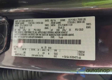 2016 Ford F-150 Lariat из США, поврежденный, VIN 1FTEW1EG5GFD09891